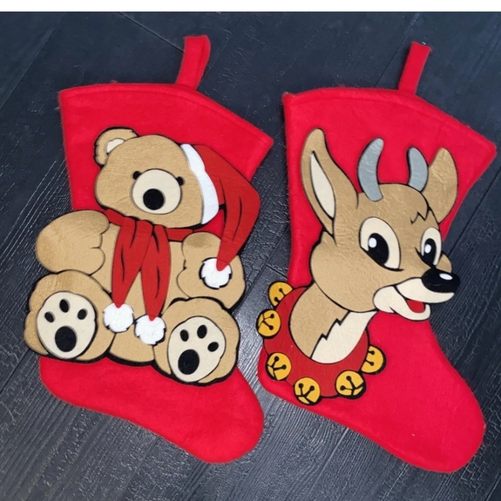 Vintage Santa's Best Felt Christmas Stockings ‎ Reindeer Teddy Bear Set Of 2
